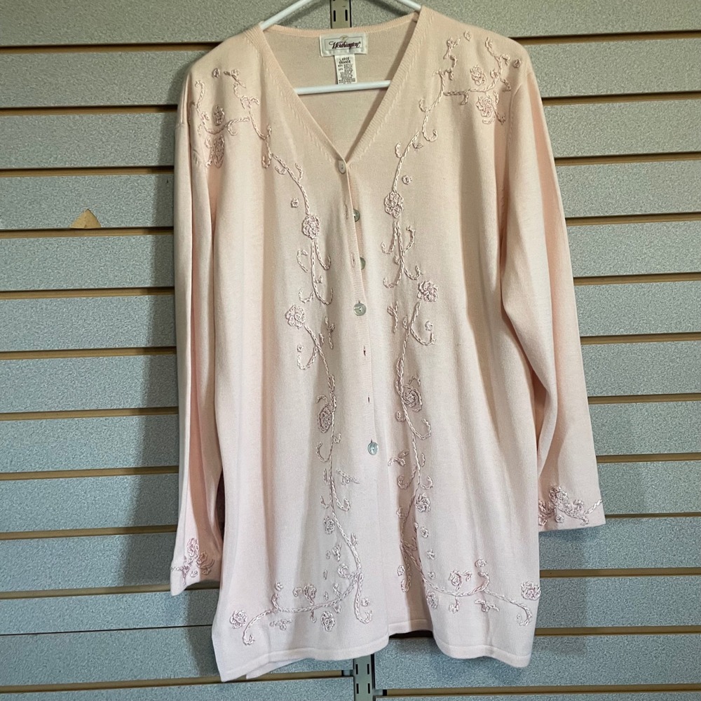 Worthington Women's Pink Floral Embroidered Button Down Cardigan Sweater L